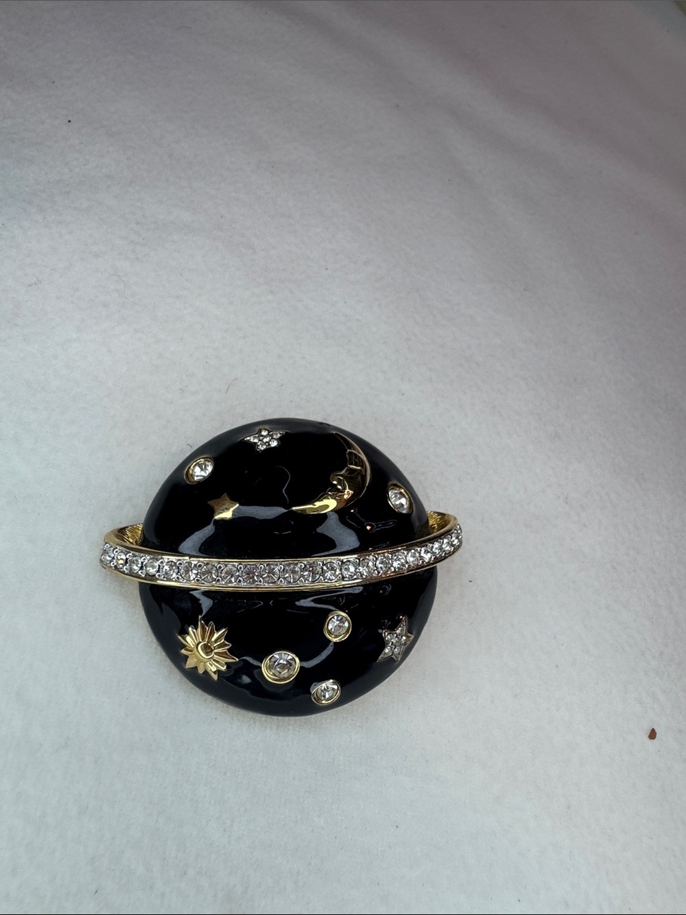 Celestial swarovski Black Enamel Planet Brooch with Gold Accents